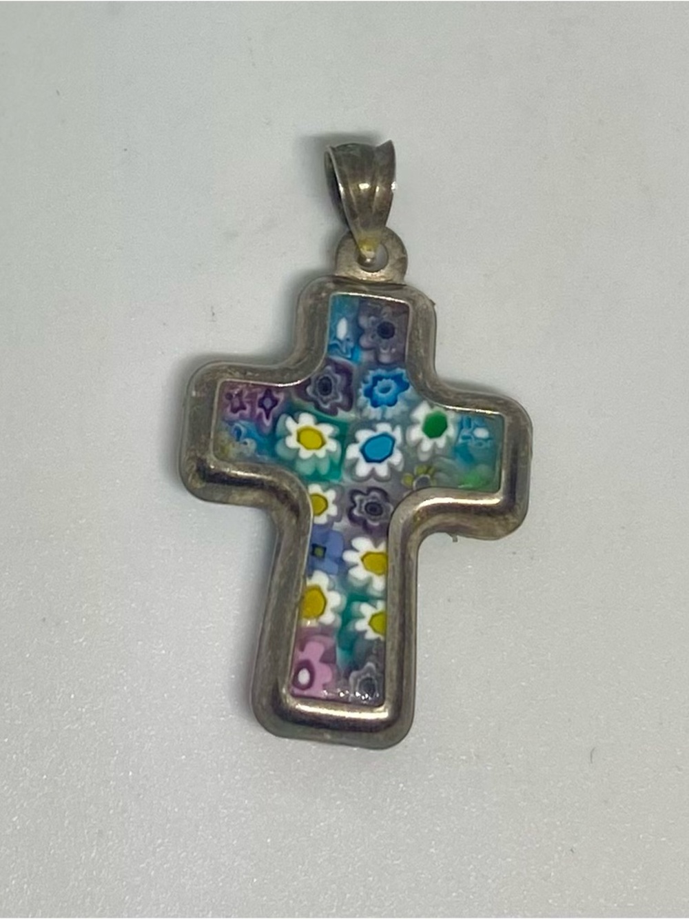 925 Sterling Silver Millefiori Cross Necklace Pendant Floral Flowers Jewelry